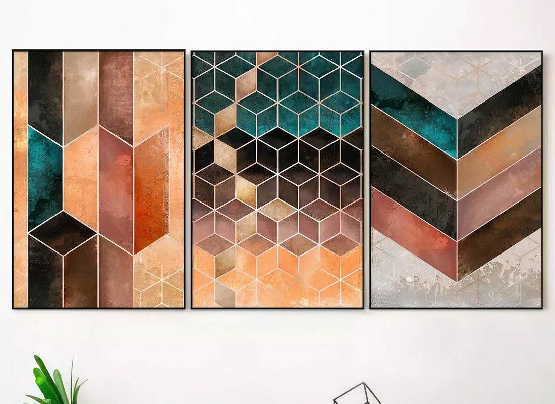Quadro Decorativo 3 Tela - Conjunto Vibrante de Arte Geométrica Colorida e Abstrata - MV118